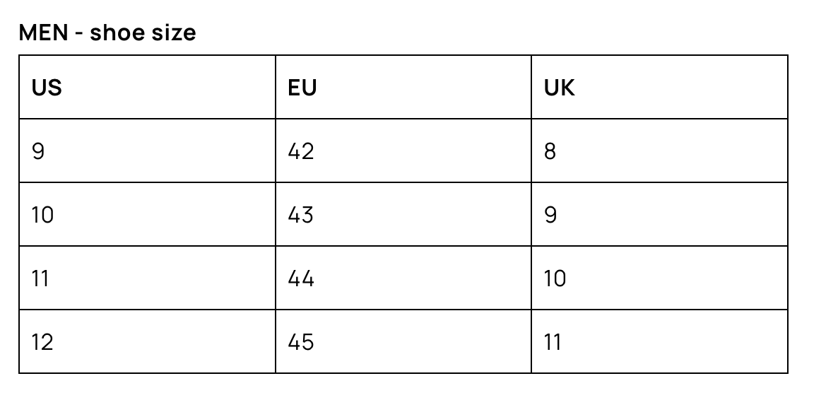 Mens sandal size chart online