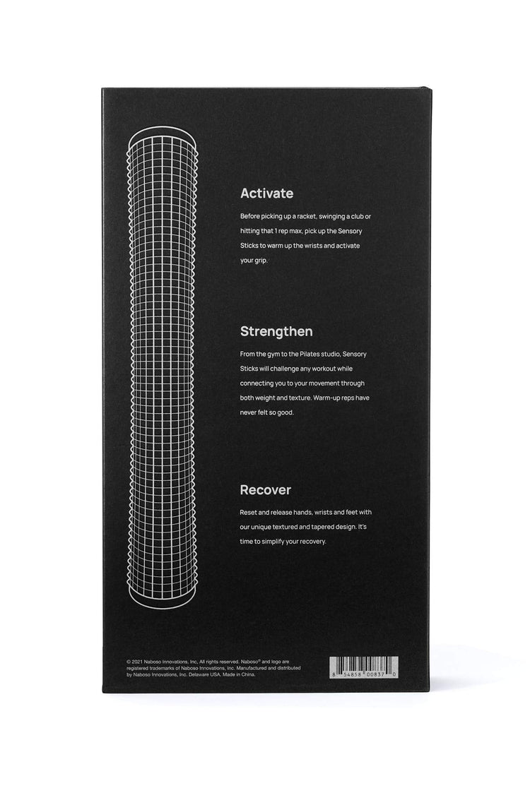 Back of the packaging box with an graphic showing how the Sensory Stick helps with Activation, Strength, and Recovery 
